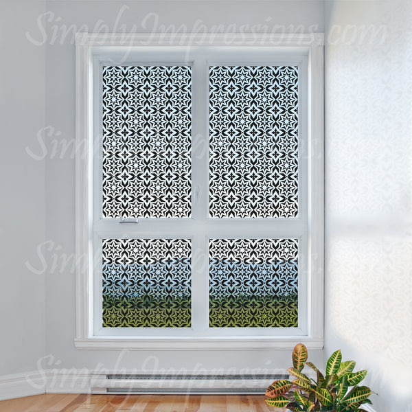 Modern Muslim Islamic Window Decal Sticker Geometric Pattern Artwork Lets light trough and gives privacy from outdoors. Custom size and color. Arabic lattice ancient repeating pattern floral art. Place vinyl on walls & glass.