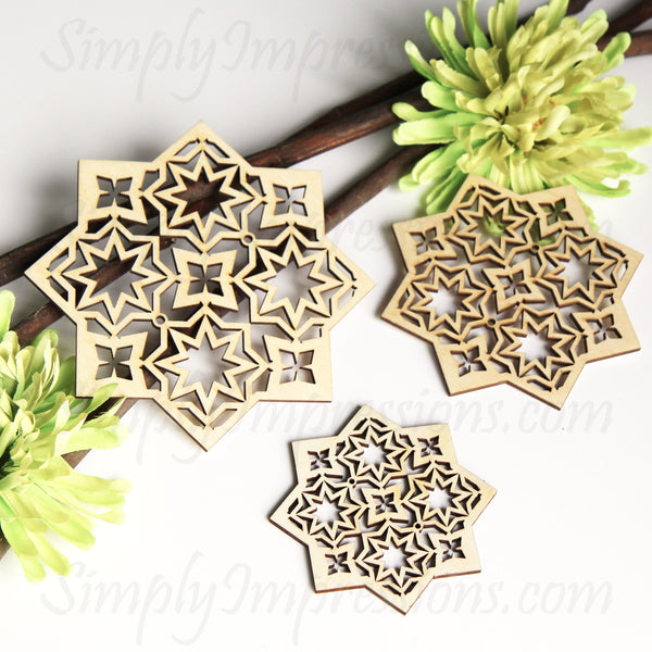 Hanging Geometric 3 Ramadan and Eid Decoration Intricate wood cutout Hang or display as a centerpiece for table or wall decoration Festive decor in 9 finishes hand painted stained artwork laser cut original carving 