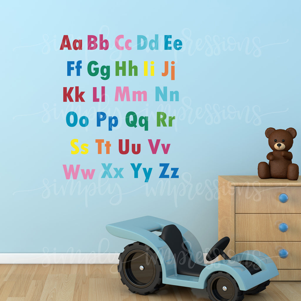 Rainbow English Alphabet decals stickers colorful wall art decoration Modern decor easy to read 26 letters for the school classroom playroom nursery  made of vinyl easy to apply in custom colors. Gifts for Ramadan Eid, baby shower