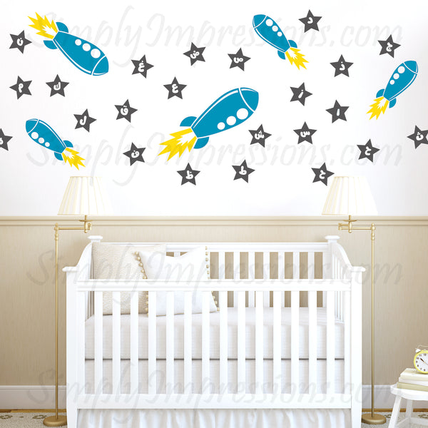 Arabic English Alphabet  rockets & stars Modern Islamic decals designs Our Muslim decorations will teach your child to learn the letters with colorful custom wall art ideal for the mosque masjid school playrooms Muslim decorations 